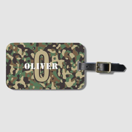 Groen Bruin Beige Camo Camouflage Monogram Naam Bagagelabel (Voorkant (horizontaal))