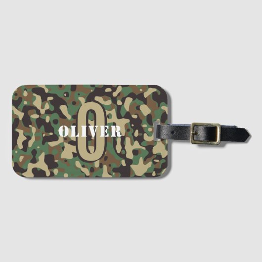 Groen Bruin Beige Camo Camouflage Monogram Naam Bagagelabel (Voorkant (horizontaal))