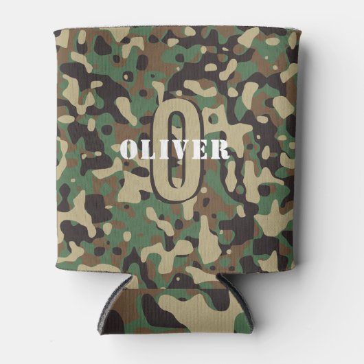 Groen Bruin Beige Camo Camouflage Monogram Naam Blikjeskoeler (Voorkant)