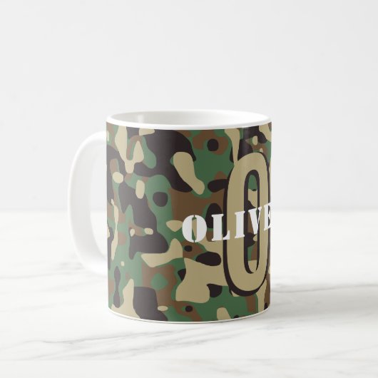 Groen Bruin Beige Camo Camouflage Monogram Naam Koffiemok (Voorkant links)
