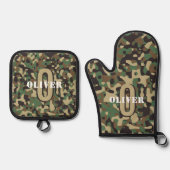 Groen Bruin Beige Camo Camouflage Monogram Naam Ovenwant & Pannenlap Set (Voorkant)