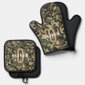 Groen Bruin Beige Camo Camouflage Monogram Naam Ovenwant & Pannenlap Set (Voorkant / Achterkant)