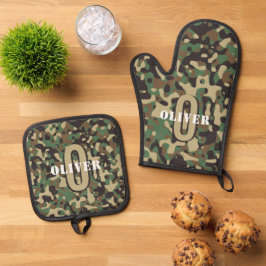 Groen Bruin Beige Camo Camouflage Monogram Naam Ovenwant & Pannenlap Set