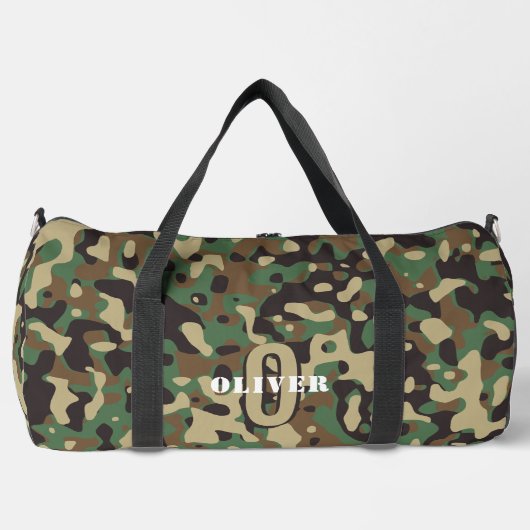 Groen Bruin Beige Camo Camouflage Monogram Naam Plunjezak (Voorkant)