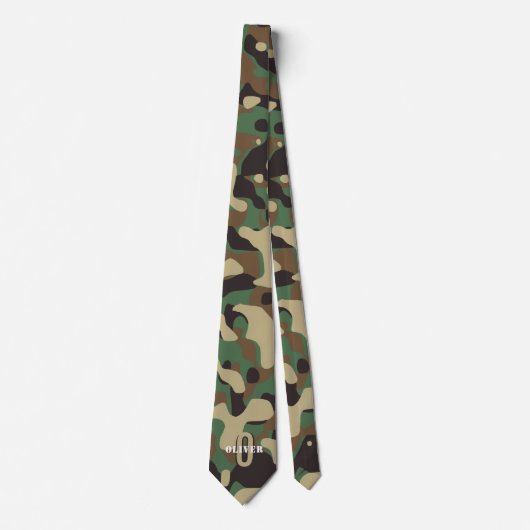 Groen Bruin Beige Camo Camouflage Monogram Naam Stropdas (Voorkant)