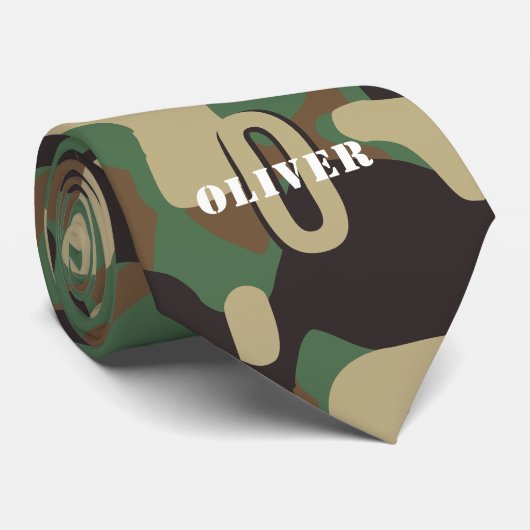 Groen Bruin Beige Camo Camouflage Monogram Naam Stropdas (Opgerold)