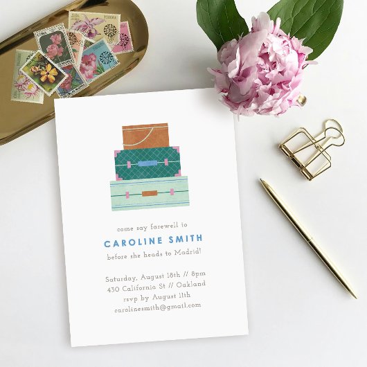 Groen Bruin Blauw Bagage Afscheidsfeest Uitnodigin Kaart