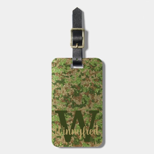 Groen Bruin Camouflage Glitter Camo Monogram Naam Bagagelabel (Voorkant verticaal)
