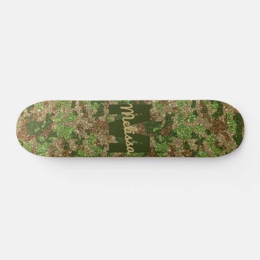 Groen Bruin Camouflage Glitter Camo Monogram Naam Persoonlijk Skateboard (Horizontaal)