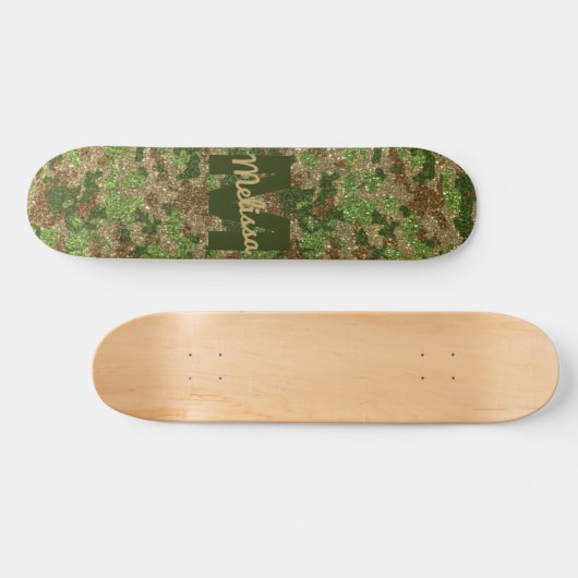 Groen Bruin Camouflage Glitter Camo Monogram Naam Persoonlijk Skateboard (Horizontaal)