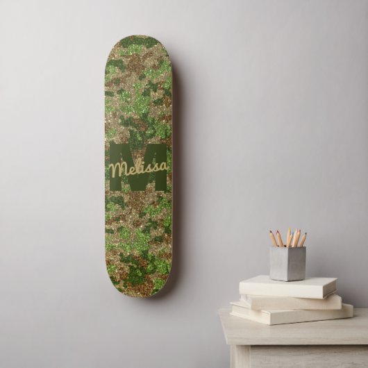 Groen Bruin Camouflage Glitter Camo Monogram Naam Persoonlijk Skateboard (Muurkunst)
