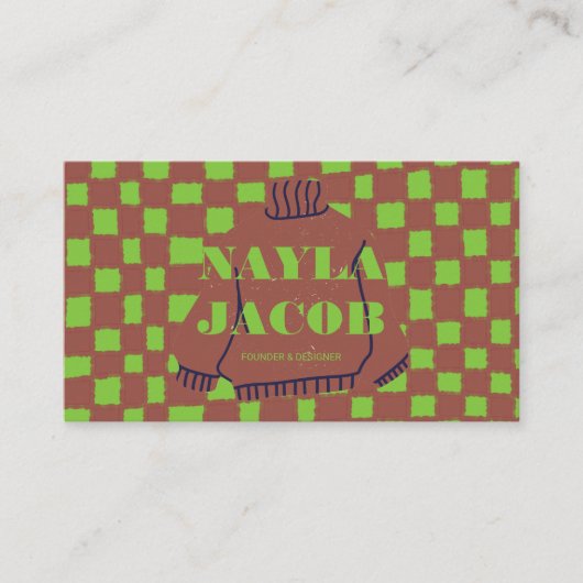 Groen Bruin Checkerboard Patroon QR Code Handgemaa Visitekaartje (Voorkant)