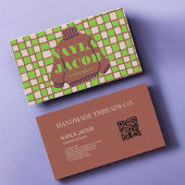 Groen Bruin Checkerboard Patroon QR Code Handgemaa Visitekaartje