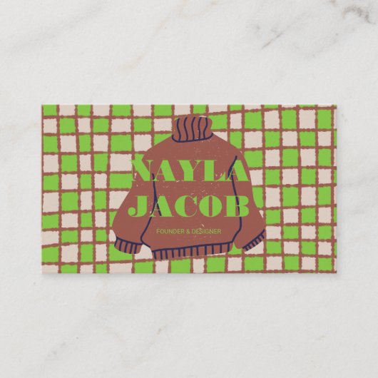 Groen Bruin Checkerboard Patroon QR Code Handgemaa Visitekaartje (Voorkant)