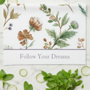 Groen Bruin Crème Paarse Bloemen Theedoek