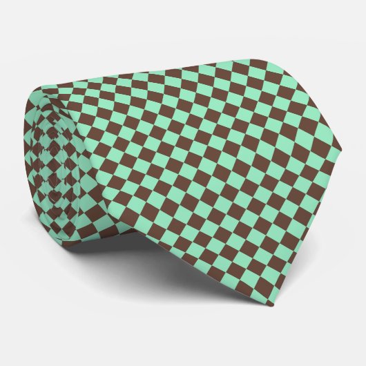 Groen Bruin Diamant Schachbrettpatroon Stropdas (Opgerold)