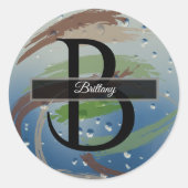 Groen, bruin en beige penseelstreekmonogram ronde sticker (Voorkant)