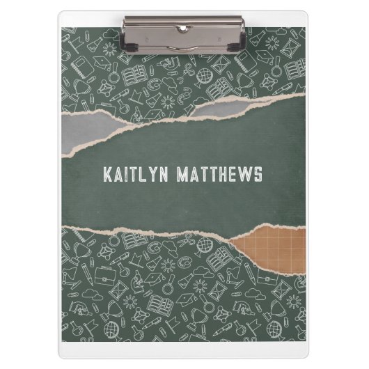 Groen bruin gescheurd papier school gepersonalisee klembord (Voorkant)
