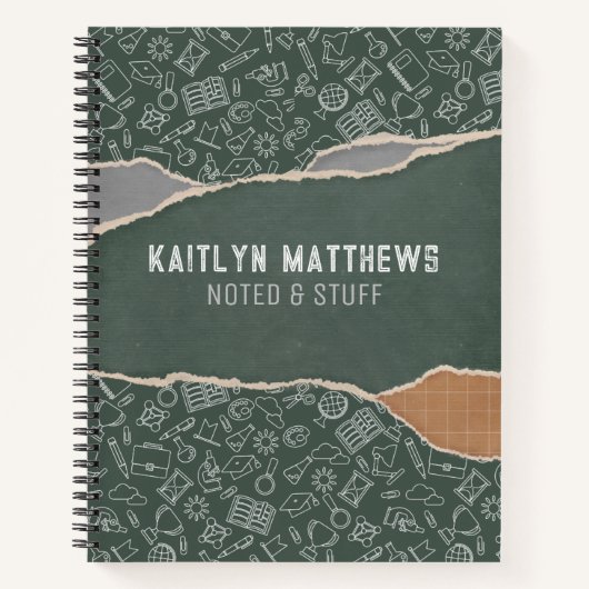 Groen bruin gescheurd papier school gepersonalisee notitieboek (Voorkant)