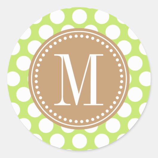 Groen & Bruin Grote Polka Dots Monogrammed Ronde Sticker (Voorkant)