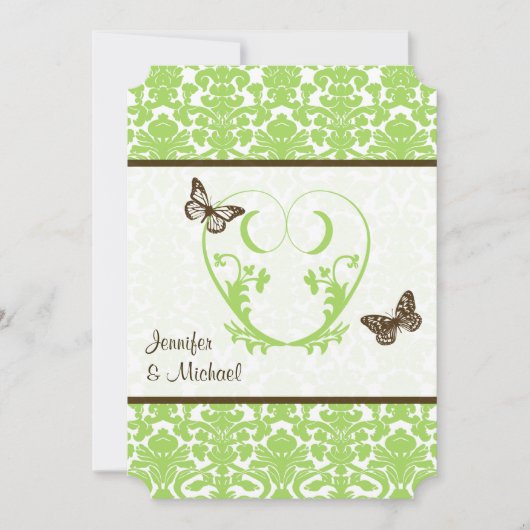 Groen, bruin hart, Butterflies Wedding Uitnodiging (Voorkant)