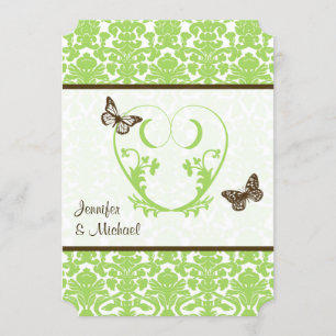 Groen, bruin hart, Butterflies Wedding Uitnodiging