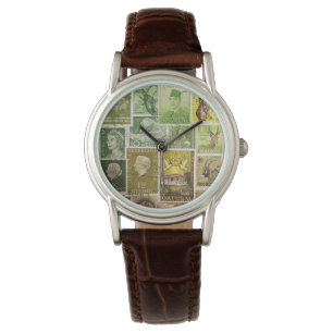 Groen bruin horloge, postzegel collage kunst horloge