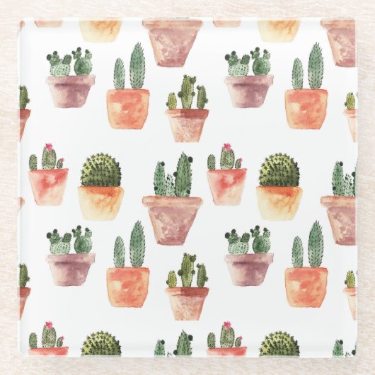 Groen Bruin Potted Cactus Patroon Glazen Onderzetter (Voorkant)