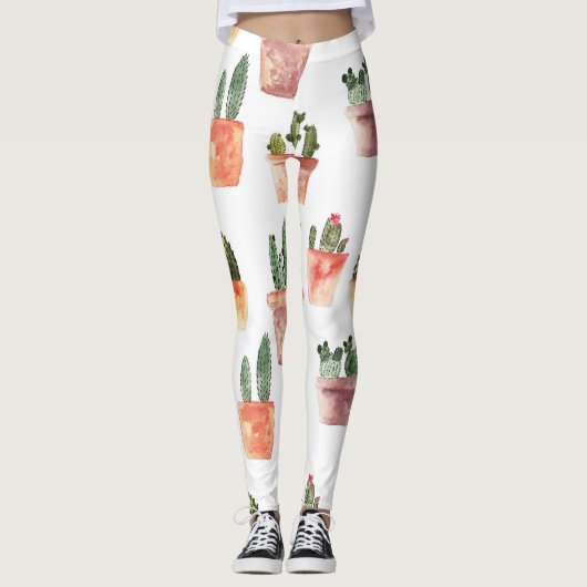 Groen Bruin Potted Cactus Patroon Leggings (Voorkant)