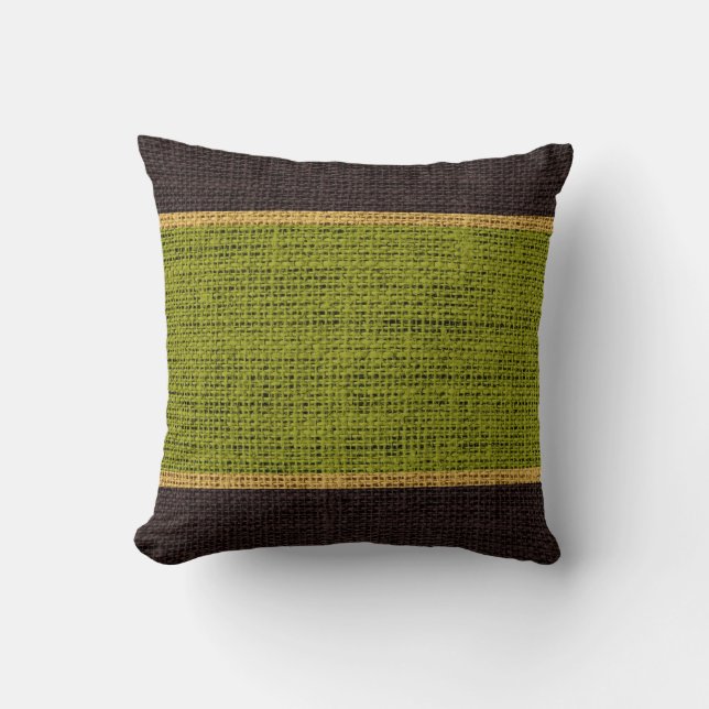 Groen & Bruin Rustieke Burlap Jute Achtergrond Kussen (Voorkant)