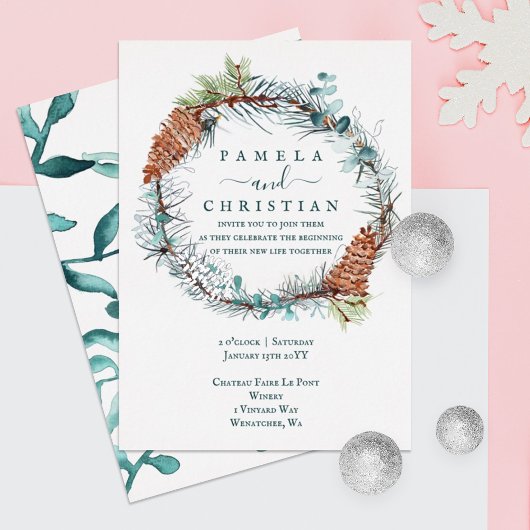 Groen, bruin, zilver Pinecone Wreath, Eucalyptus Folie Uitnodiging