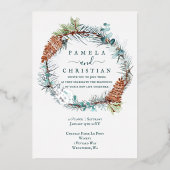 Groen, bruin, zilver Pinecone Wreath, Eucalyptus Folie Uitnodiging (Voorkant)