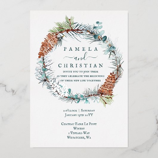 Groen, bruin, zilver Pinecone Wreath, Eucalyptus Folie Uitnodiging (Voorkant)