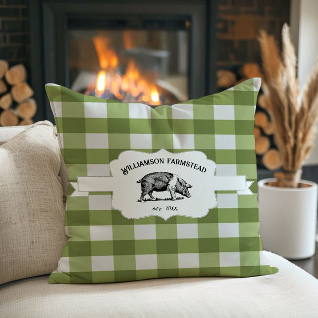 Groen Buffel Plaid Boerderij Varken Sierkussen (Green Buffalo Plaid Farm Pig Throw Pillow)