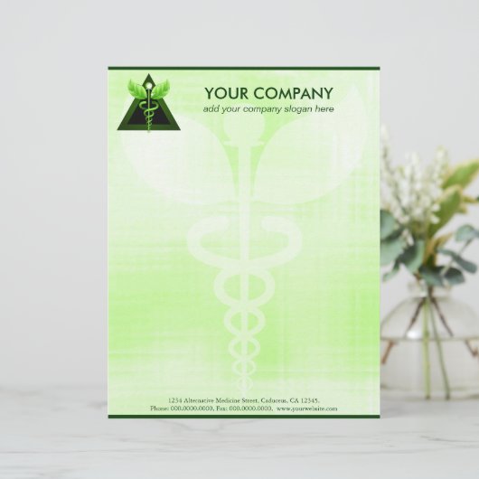 Groen Caduceus Alternative Medicine Symbool Kantoo Briefhoofd Ontwerp (Staand voorkant)