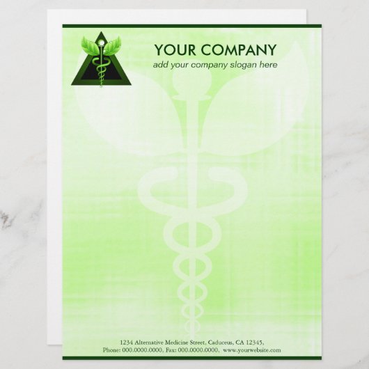 Groen Caduceus Alternative Medicine Symbool Kantoo Briefhoofd Ontwerp (Voorkant / Achterkant)