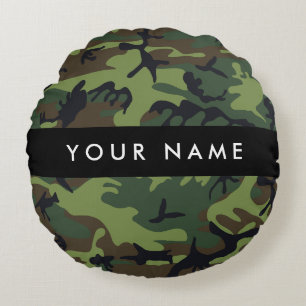 Groen Camouflagepatroon, Jouw naam, Personaliseer Rond Kussen