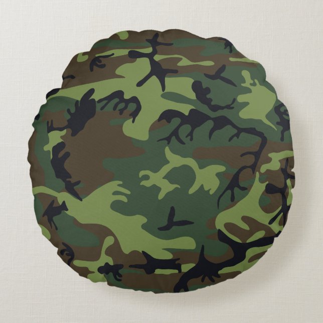 Groen camouflagepatroon, militair patroon, leger rond kussen (Voorkant)