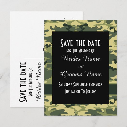Groen camouflagepatroon save the date aankondigingskaart (Voorkant / Achterkant)