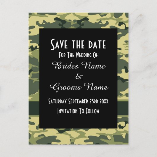 Groen camouflagepatroon save the date aankondigingskaart (Voorkant)