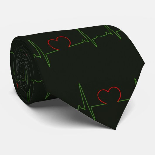 Groen Cardiogram ECG Patroon met rood hart Stropdas (Opgerold)