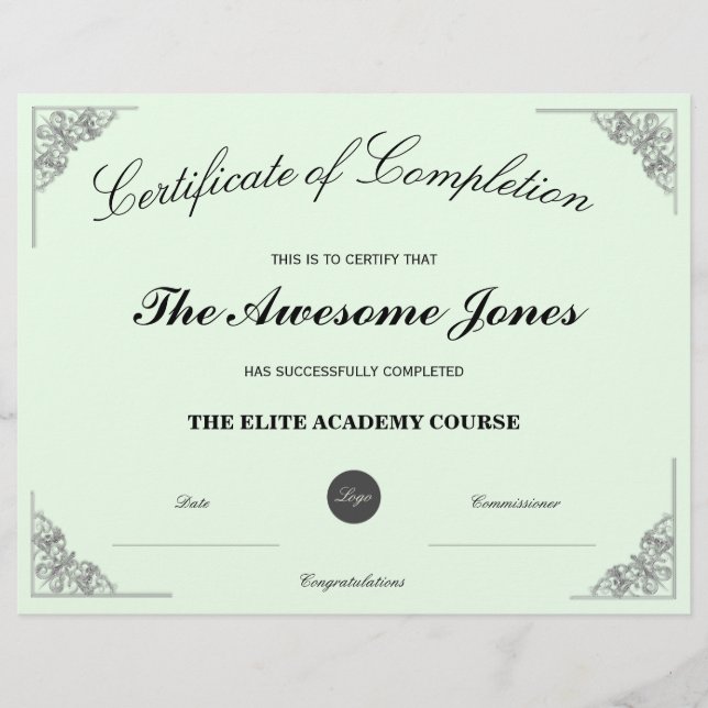 Groen certificaat van voltooiing met Aangepaste Lo (Voorkant)