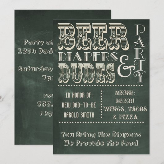 Groen Chalkboard Beer Diapers & DUDES-Baby shower Kaart (Voorkant / Achterkant)