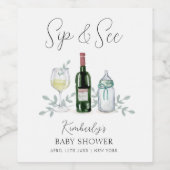Groen Champagne Sip & See Baby shower Wijn Etiket (Enkel label)