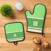 Groen chequemonogram ovenwant & pannenlap set (Top down)