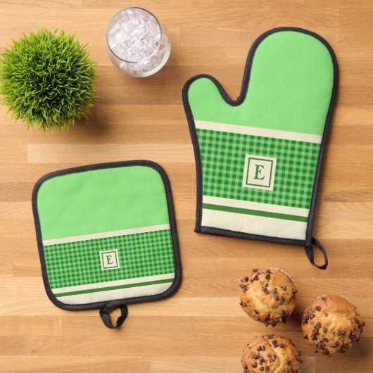Groen chequemonogram ovenwant & pannenlap set (Top down)