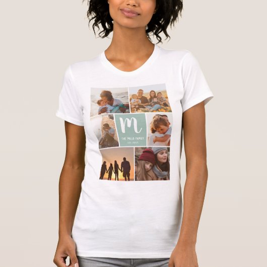 Groen cool familie monogram 6 foto collage raster t-shirt (Voorkant)