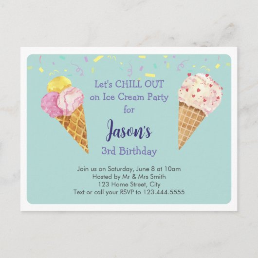 Groen Cool Ice Cream Kids Verjaardagsfeestje Uitnodiging Briefkaart (Voorkant)