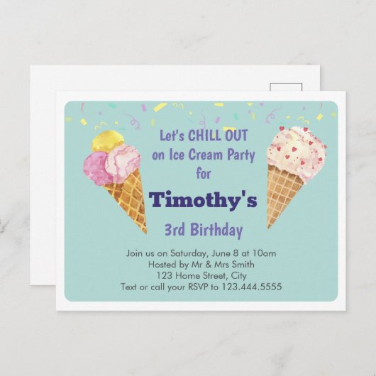 Groen Cool Ice Cream Kids Verjaardagsfeestje Uitnodiging Briefkaart (Voorkant / Achterkant)