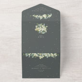 Groen/Cream Sneeuwbes + Eucalyptus Bruiloft All In One Uitnodiging (Buitenkant)